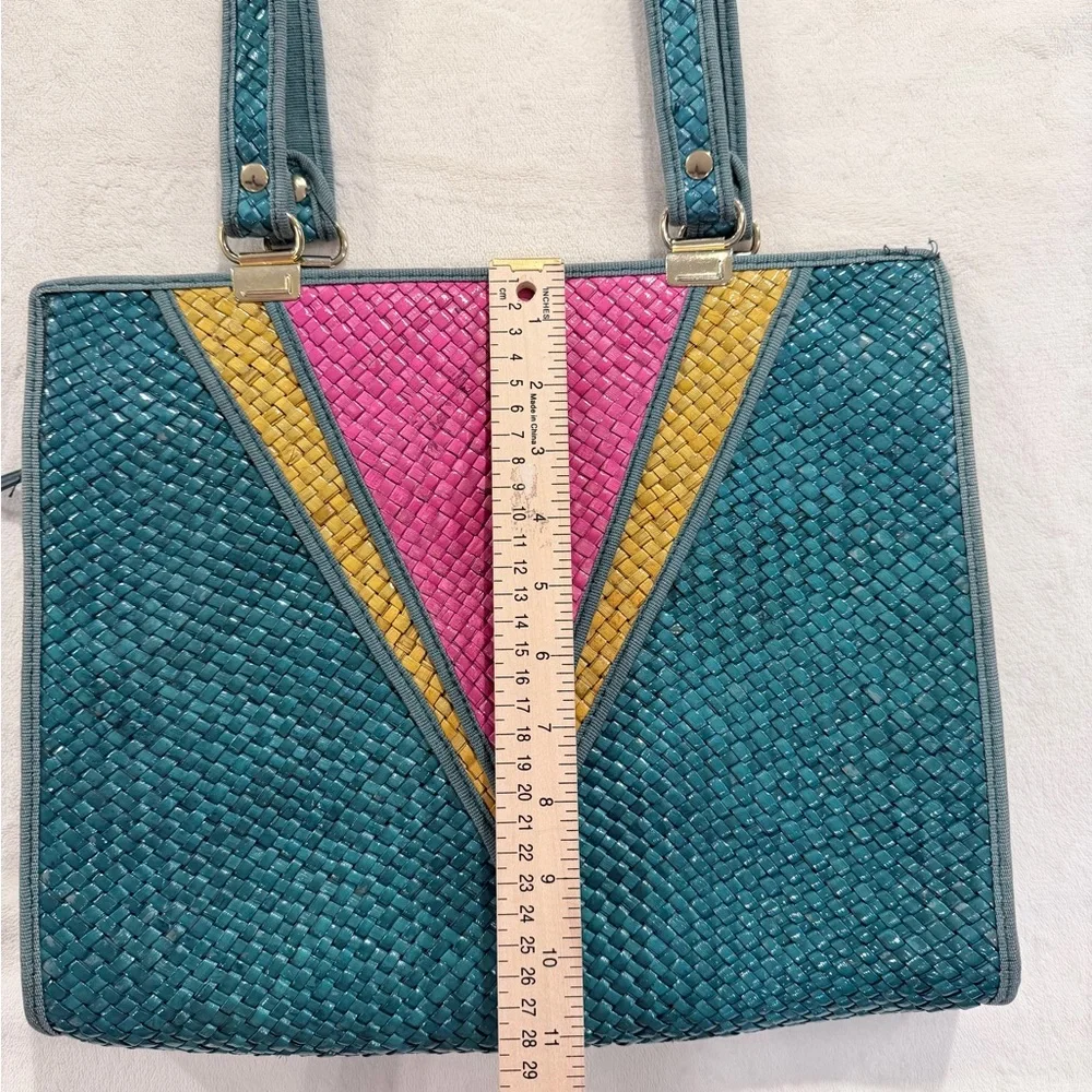 Vintage Woven Straw Tote Bag Colorblock Pink Teal Mustard Made in Italy - Picture 3 of 10